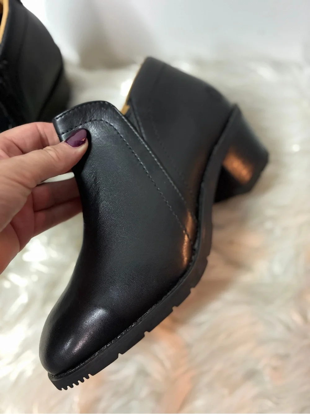 Women's Black Low Heel Ankle Booties - Smooth Leather-Look Slip-On